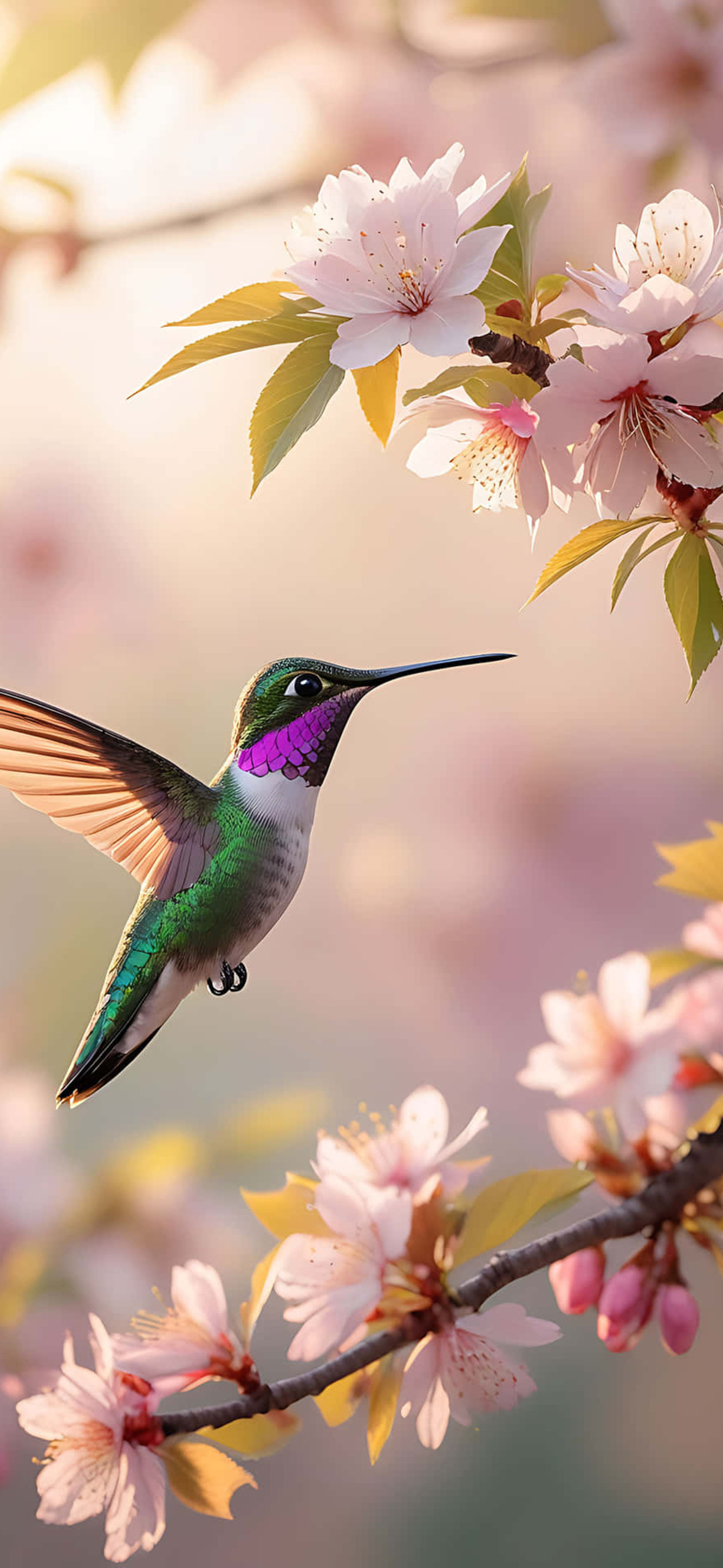 Hummingbird Hovering Among Cherry Blossoms Ultra HD iPhone 16 Wallpaper