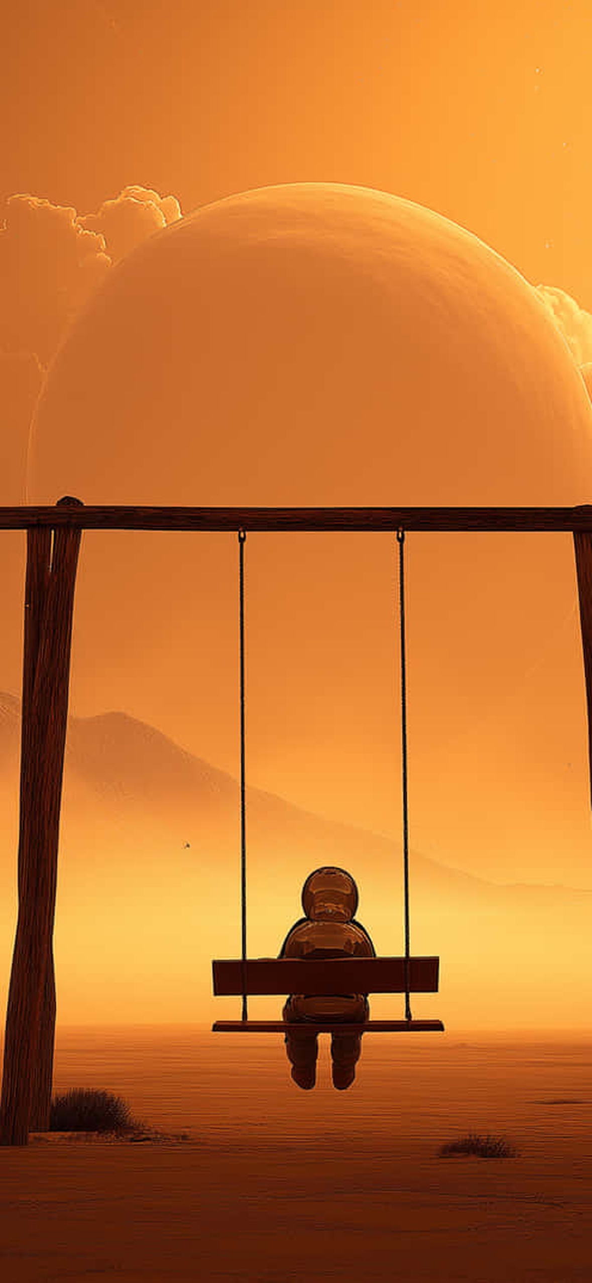 Astronaut On Swing Gazing At Distant Alien Worlds